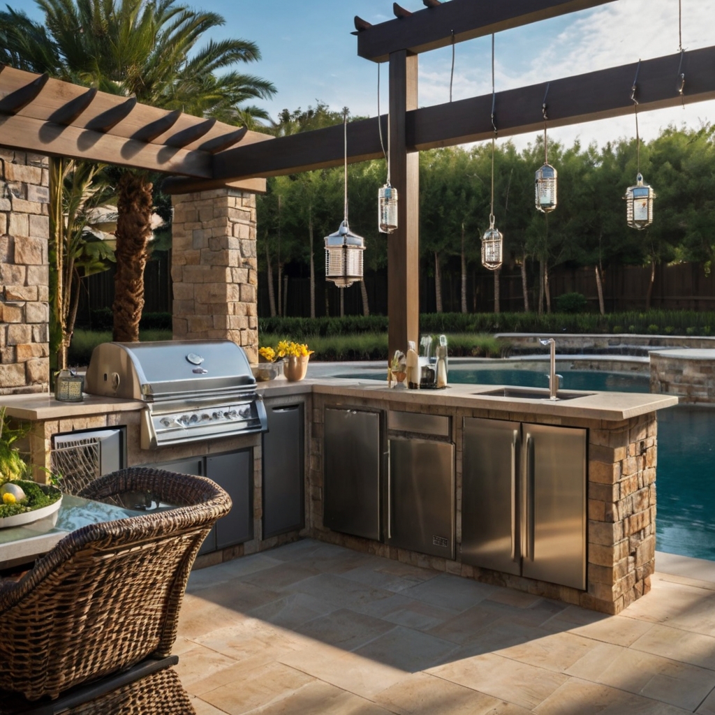 A stylish outdoor kitchen beside a crystal-clear pool, shaded by a sleek pergola. The perfect backyard BBQ setup for summer gatherings.