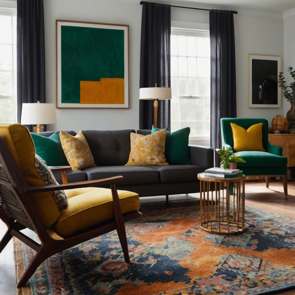 A grey couch gets a vibrant lift with mustard, emerald, and rust cushions. A bold chair and colorful rug energize the contemporary space.