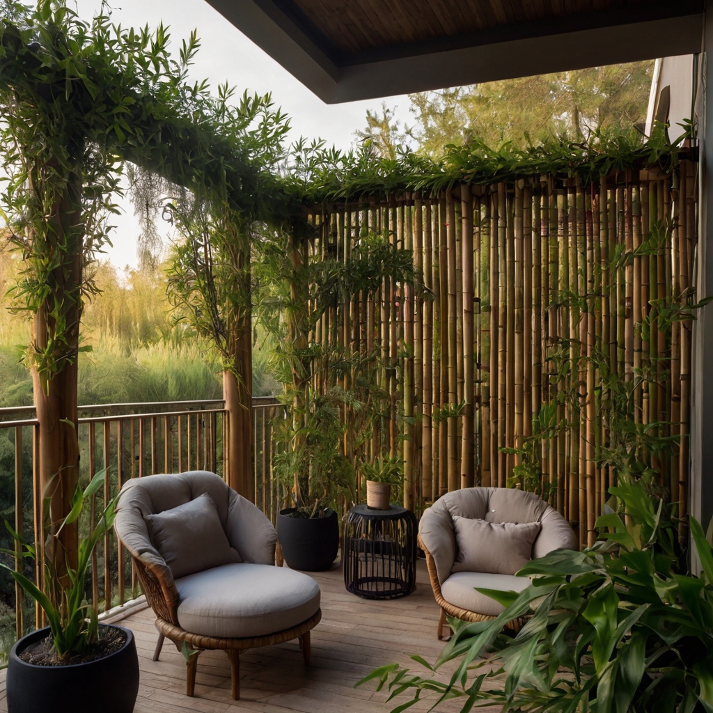 A bamboo privacy screen with climbing plants creates a secluded balcony retreat. Soft lighting peeks through the greenery, adding warmth and intimacy.