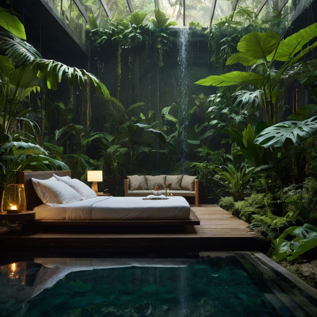 A bedroom transformed into a rainforest with large-leafed plants and a water feature. Soft ambient lighting mimics sunlight filtering through dense foliage.