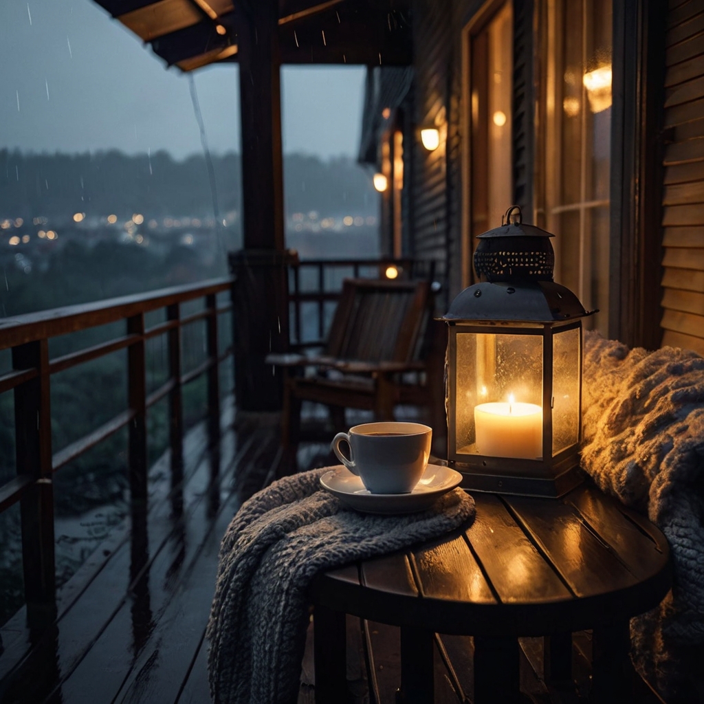 A deep armchair with a knit blanket offers warmth on a rainy day. Soft raindrops against the railing create a soothing, cozy ambiance.