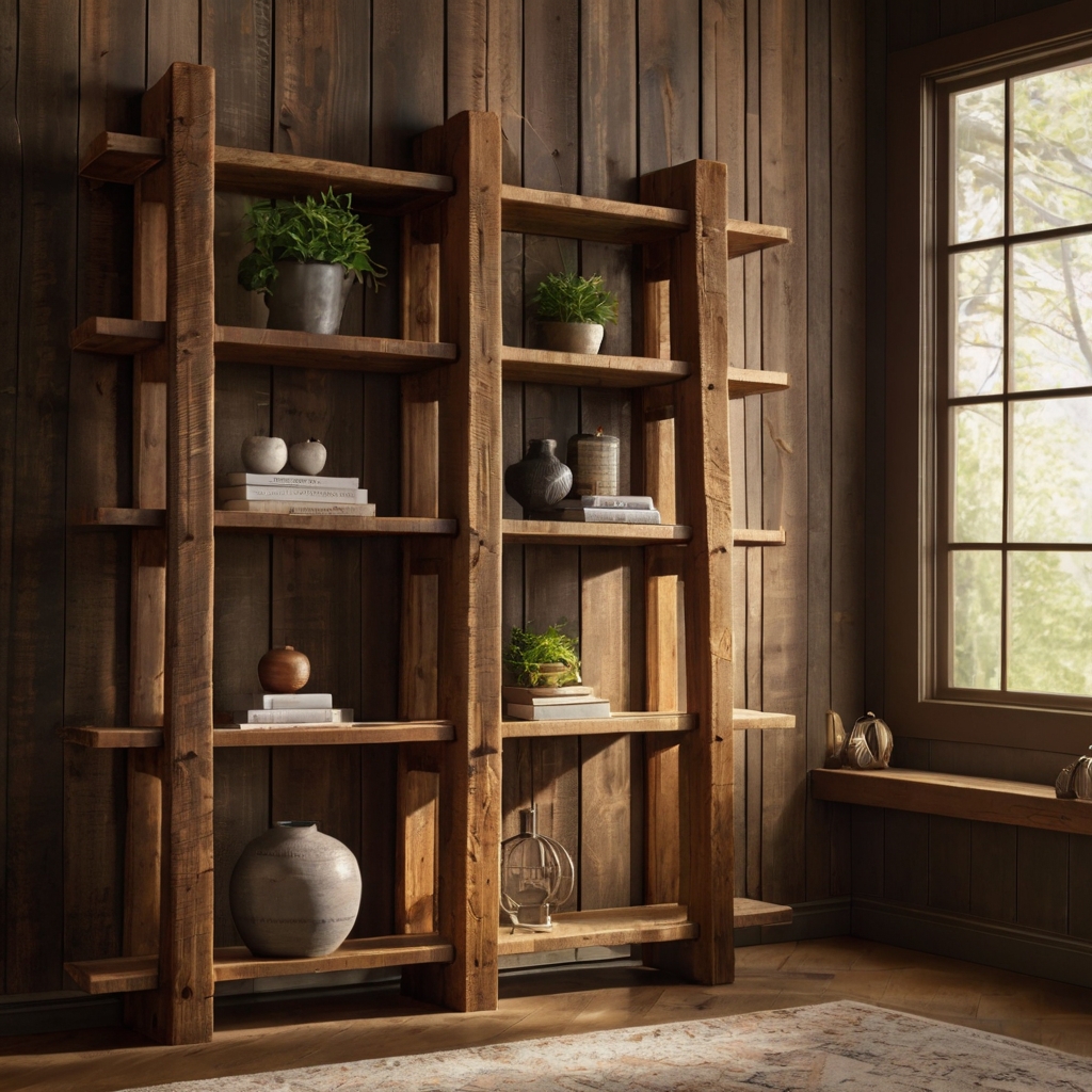 Rustic living room featuring reclaimed wood furniture with rich textures and warm lighting. A cozy farmhouse-style corner with natural wood grains and aged details.