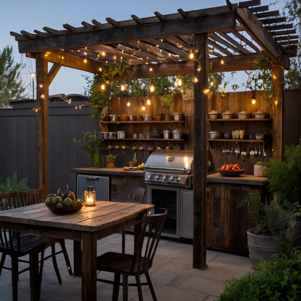 An eco-friendly outdoor kitchen with rustic reclaimed wood, a custom smoker, and vintage décor. Cozy, sustainable, and full of character.