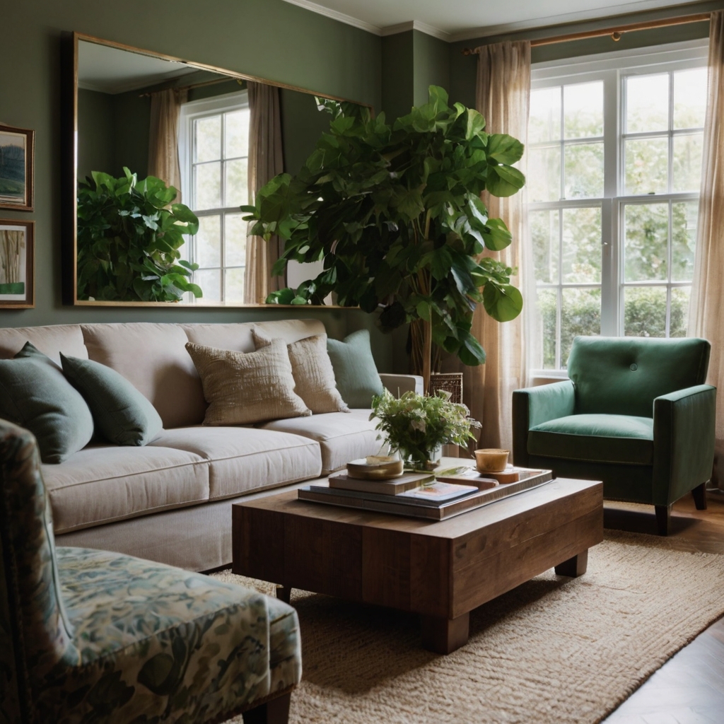 A modern living room featuring a large decorative mirror reflecting natural light. The illusion of space enhances the neutral decor.