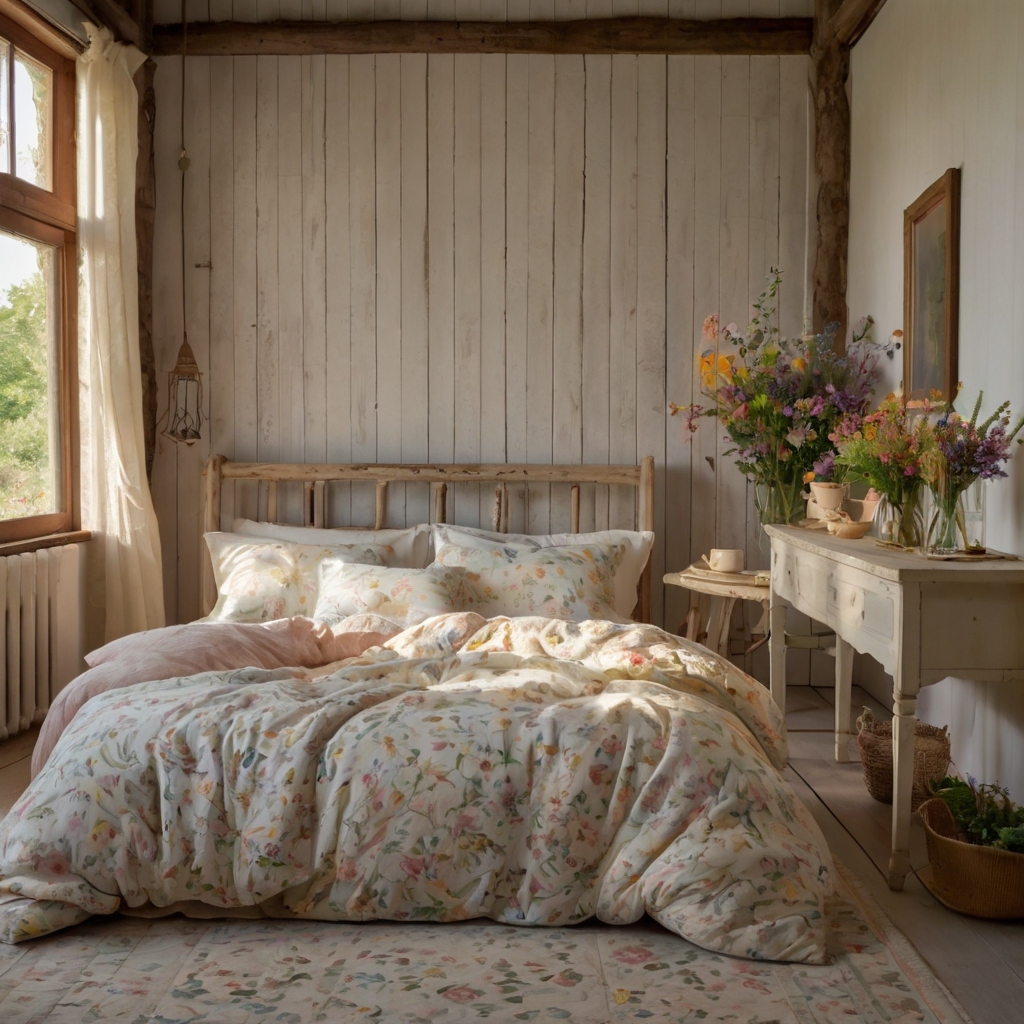 An airy bedroom with pastel wildflowers and floral bedding, enhanced by soft sunlight. Whitewashed wooden furniture adds to the country-chic vibe.