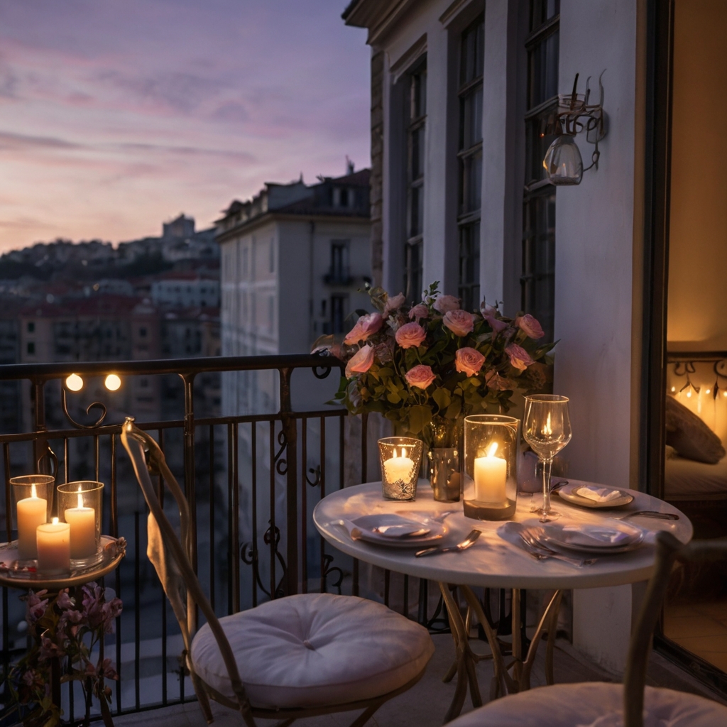 Flickering candles and fairy lights create an intimate, dreamy atmosphere. A white bistro table with linen accents sets the stage for elegant dining.