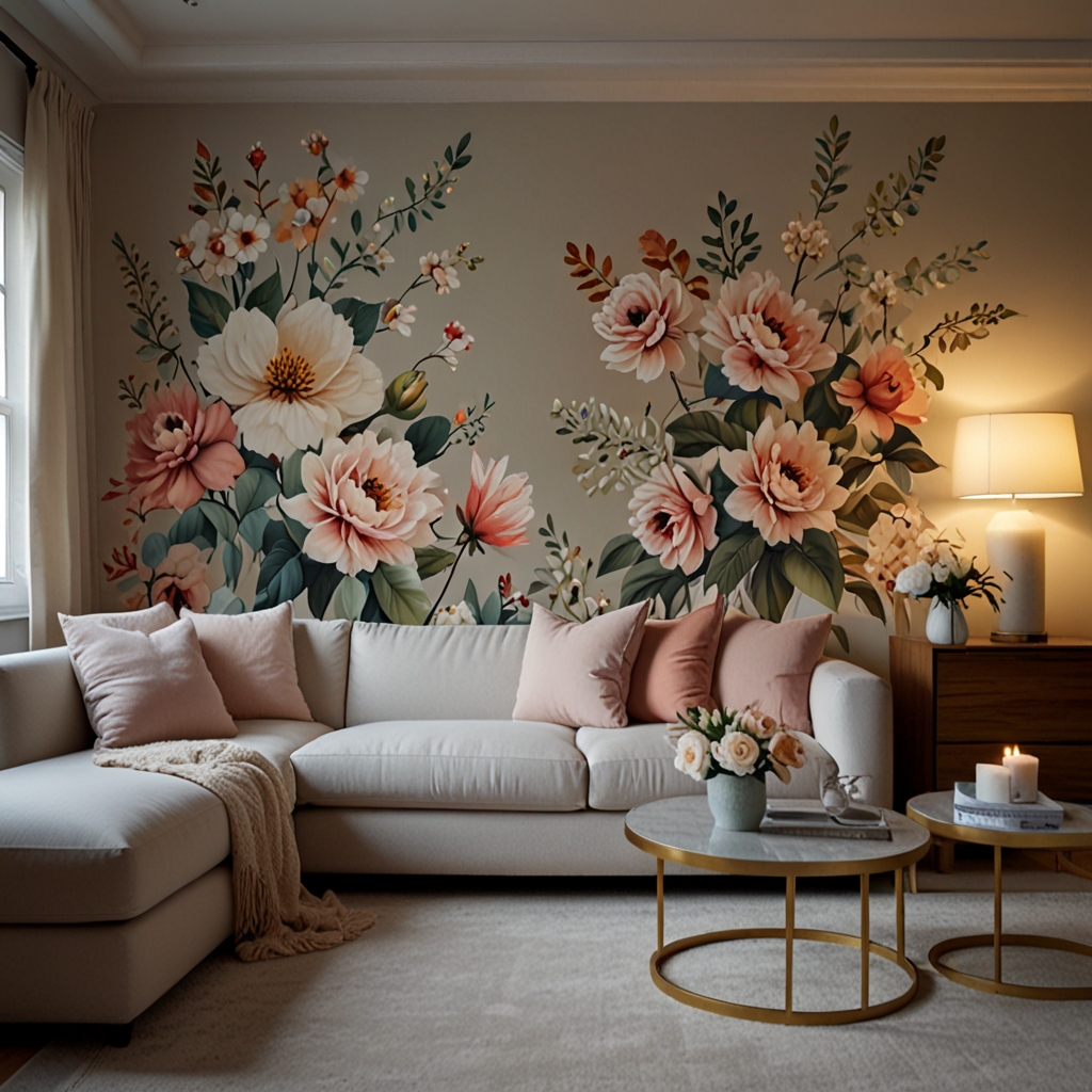 A dreamy floral wall decal transforms the living room affordably. Neutral furniture and soft lighting enhance the romantic feel.