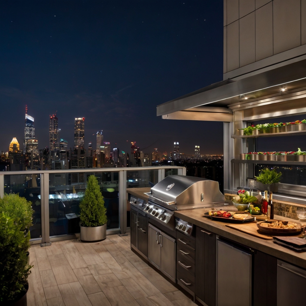 A high-rise rooftop kitchen with sleek cabinets, a built-in grill, and dazzling city views. The perfect luxury urban cooking space.