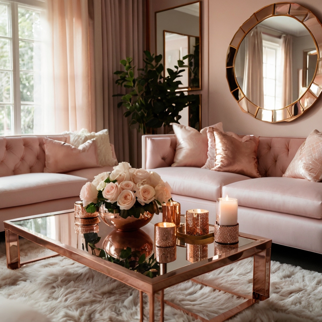 A stylish living room with rose gold trays, picture frames, and soft lighting. Blush cushions and a cozy throw enhance the charm.