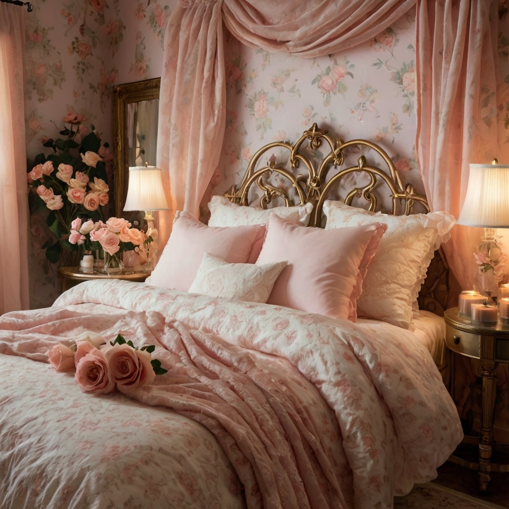 A romantic bedroom filled with rose-patterned linens and vintage décor. Soft lighting from vintage lamps creates a warm, inviting atmosphere.