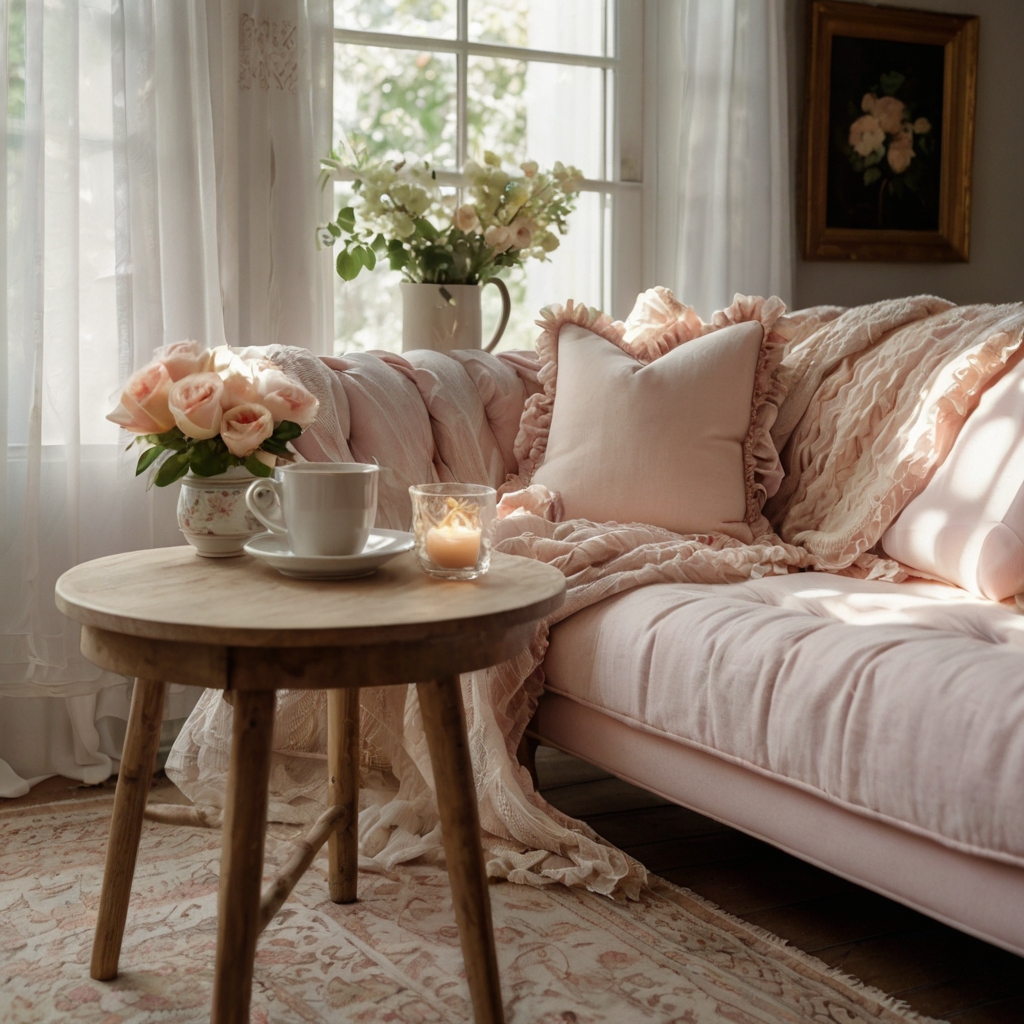 A cozy, feminine living room with sheer white curtains and floral cushions. Soft textures and warm lighting create a romantic ambiance.