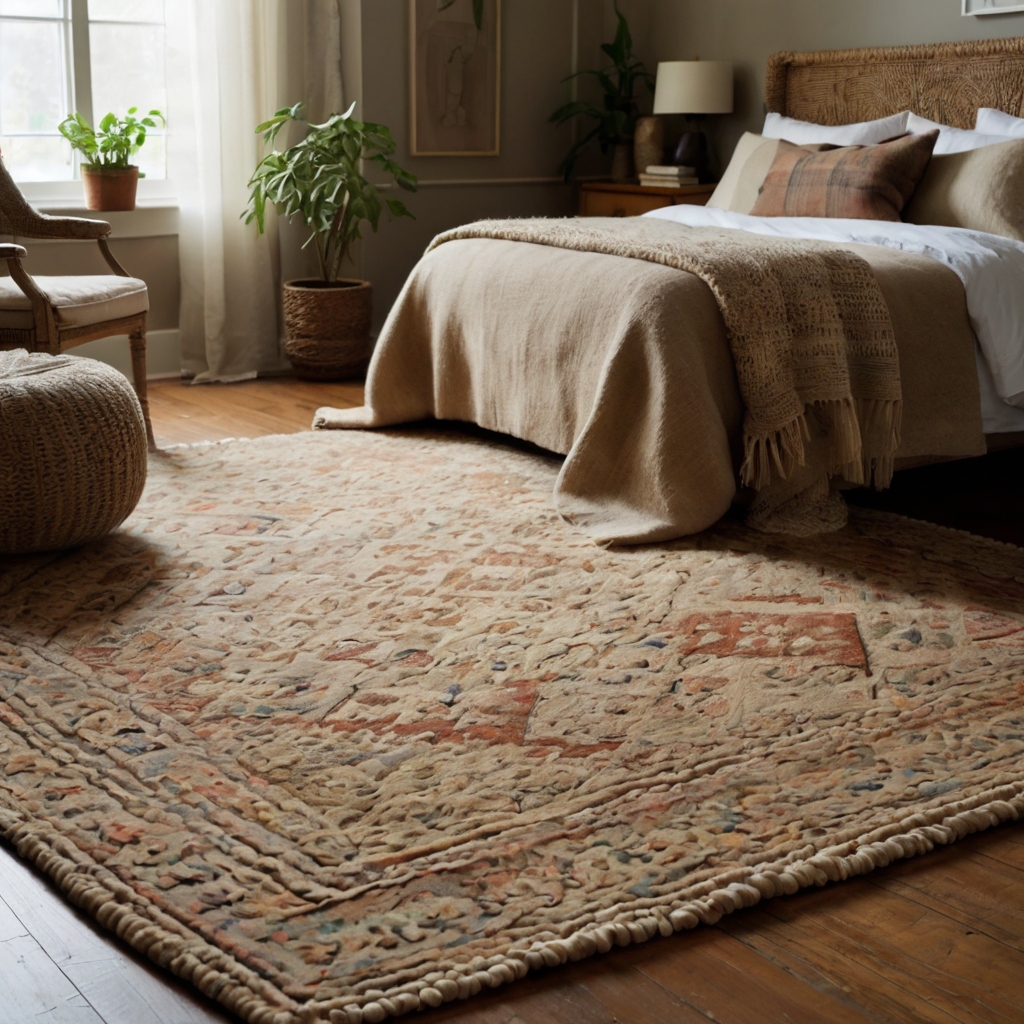 Layered rugs in rich textures and patterns, adding warmth and elegance to the bedroom. Soft natural lighting enhances the cozy ambiance of the space.