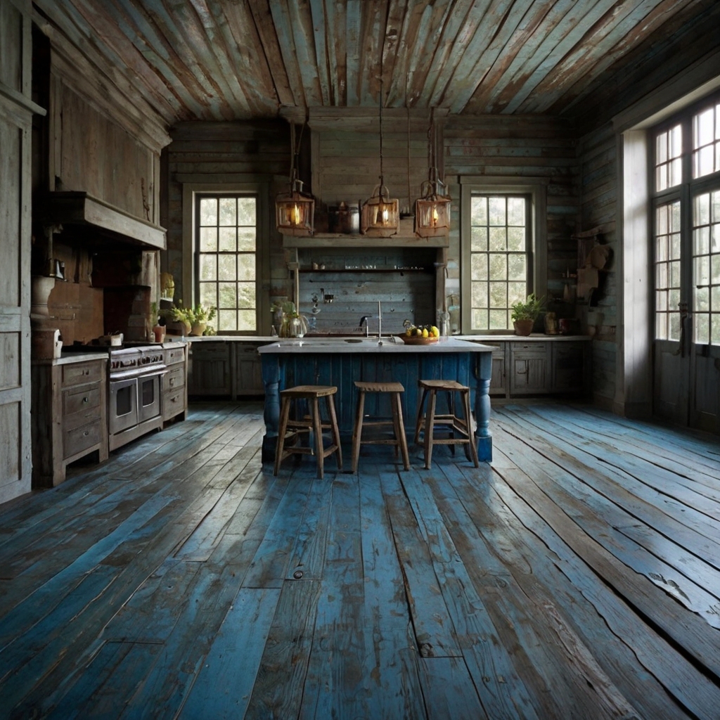 Install rustic blue wooden floors to bring an aged, cozy feel to your kitchen. The distressed finish adds warmth and character under soft natural light.