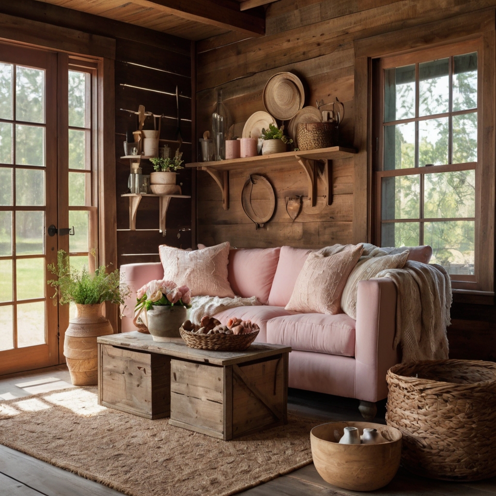 A soft pink couch against rustic wood walls with antique decor. Natural sunlight adds a cozy, farmhouse charm.