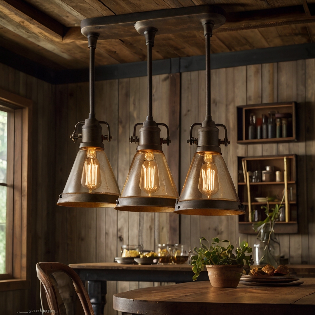 A rustic pendant light with wood and metal accents hanging above a dining table. Edison bulbs cast a warm glow, creating soft industrial-farmhouse lighting.