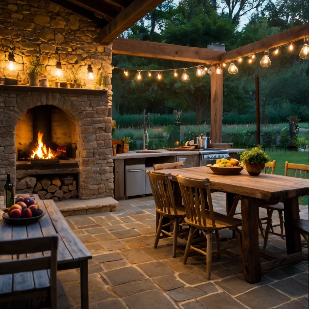 A cozy stone-built outdoor kitchen with a roaring wood fire and a long wooden table under string lights. Perfect for rustic countryside cooking.