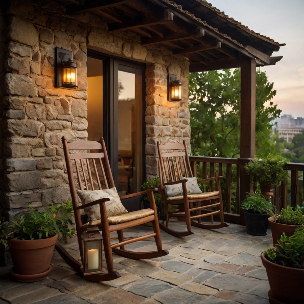 A moss-covered stone balcony with a wooden bench exudes fairy-tale charm. A crackling fireplace and wildflowers create a cozy, nostalgic atmosphere.
