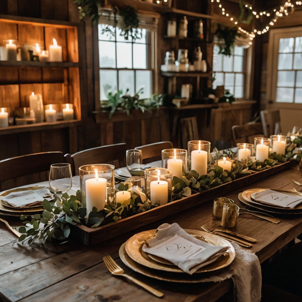 Handcrafted wooden trays and tea candles in glass holders, creating a warm, rustic baby shower table setting.