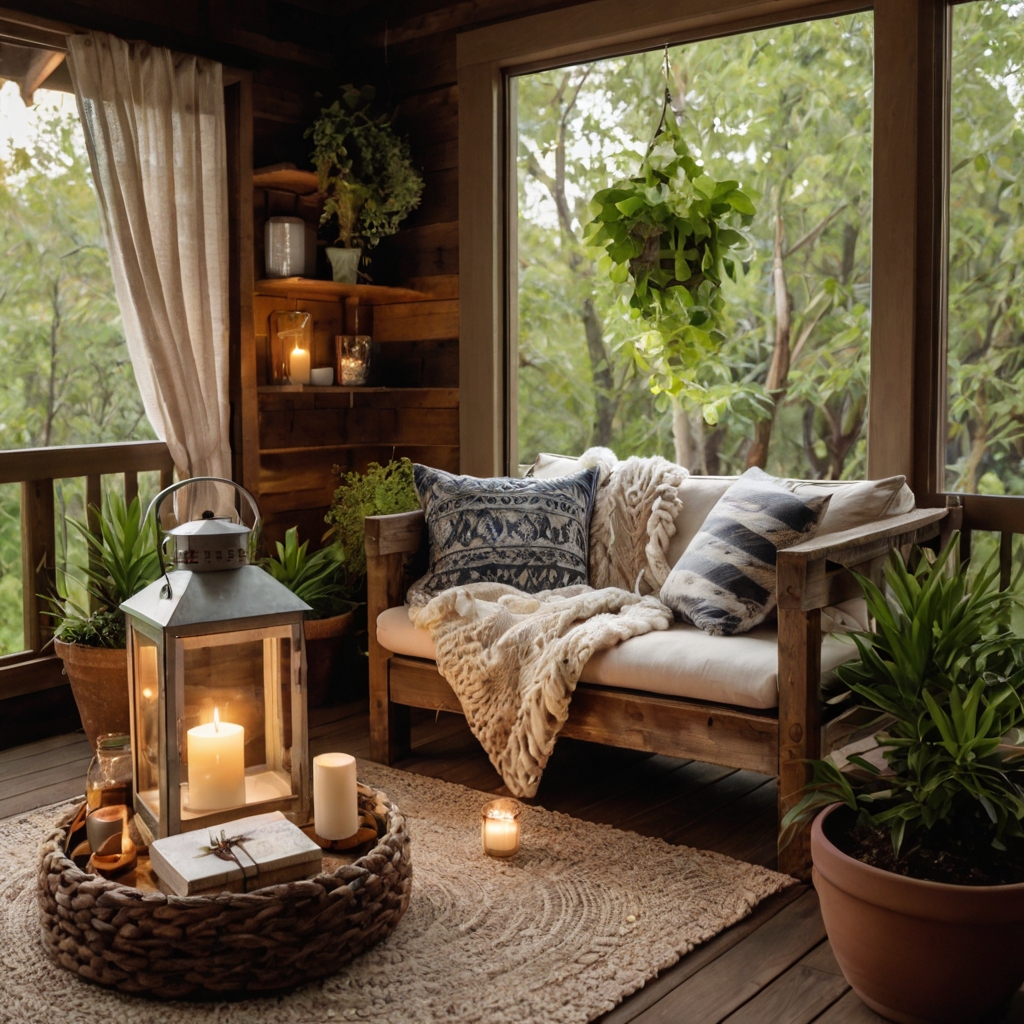 A nature-inspired balcony with weathered wooden furniture, woven textiles, and soft lighting. A vintage lantern and plants add charm to the cozy, rustic ambiance.