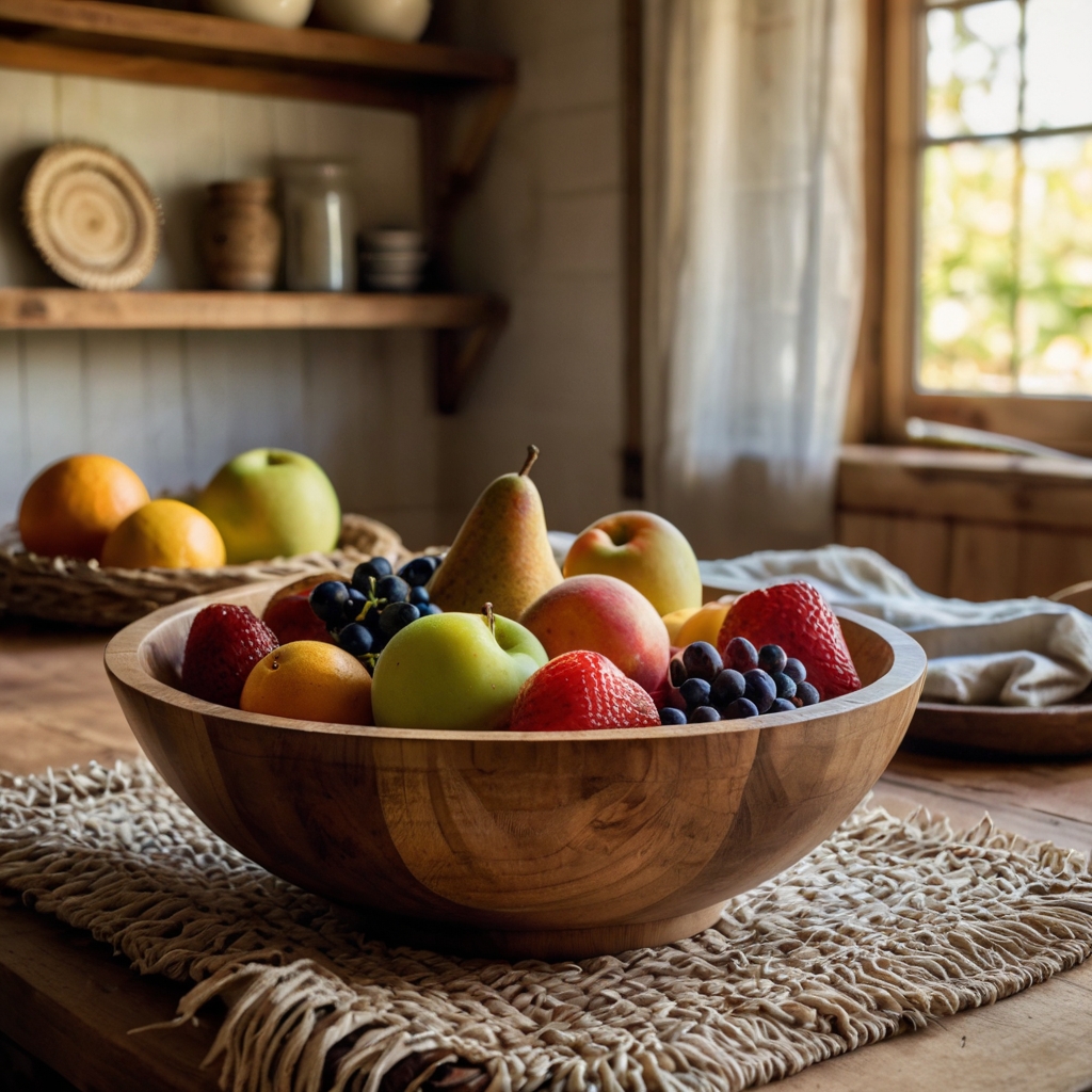 A handcrafted wooden bowl filled with fresh fruits rests on a linen runner. Warm light highlights the textures, adding a cozy farmhouse feel.