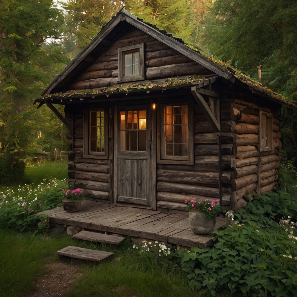A charming wooden cabin surrounded by ivy and wildflowers, its warm glow inviting solitude and quiet comfort.