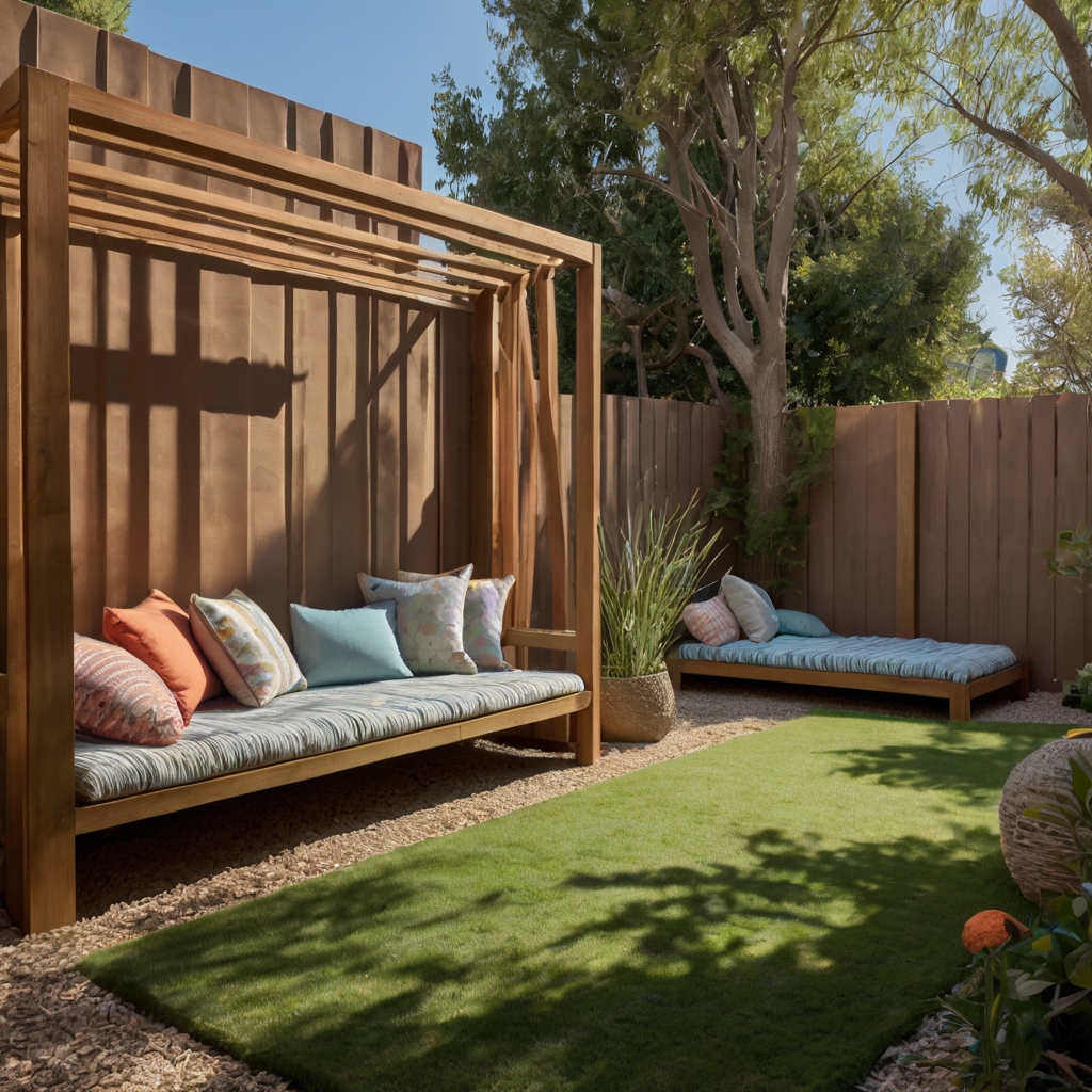A secure backyard with soft grass, fenced play areas, and shaded rest nooks. Kids explore freely in a peaceful, safe outdoor haven.