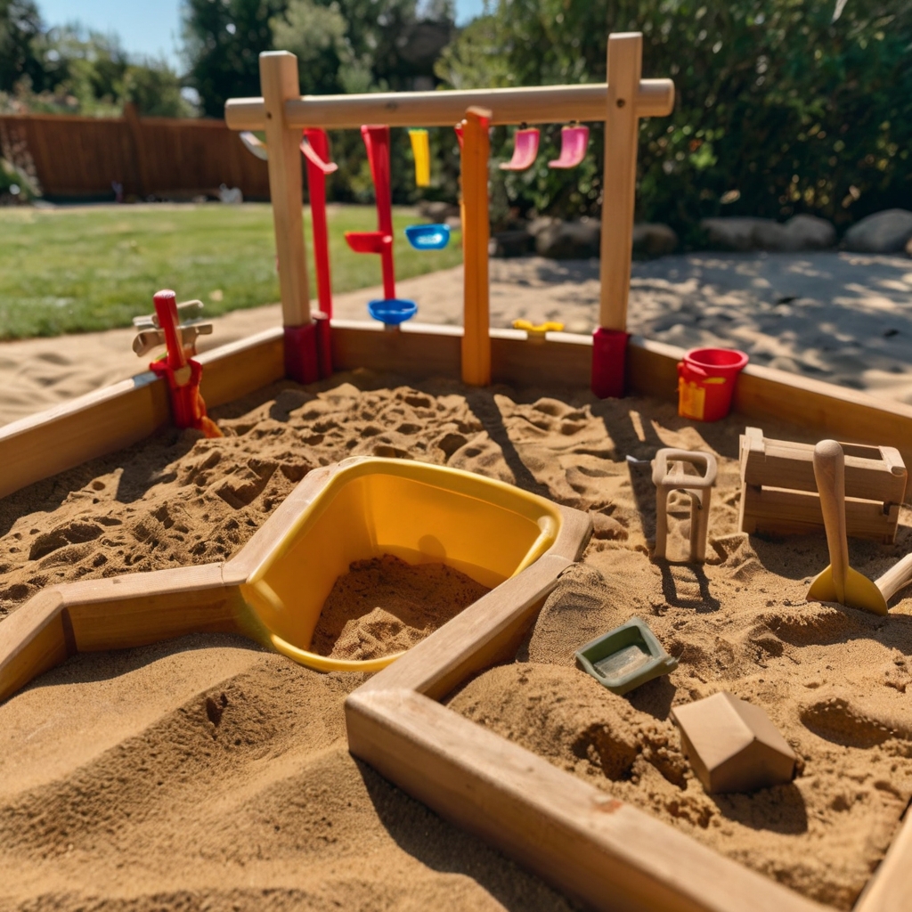 A sunlit sandbox with wooden borders, mini shovels, and castle molds. Kids dig, build, and explore with endless imagination.