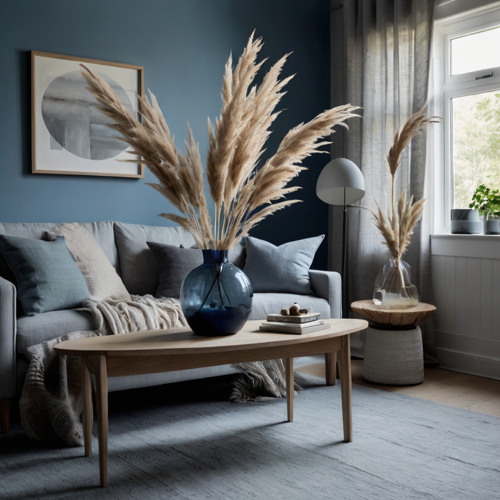 A minimalist living space with soft blue and grey tones. Natural wood and cozy textures add warmth.