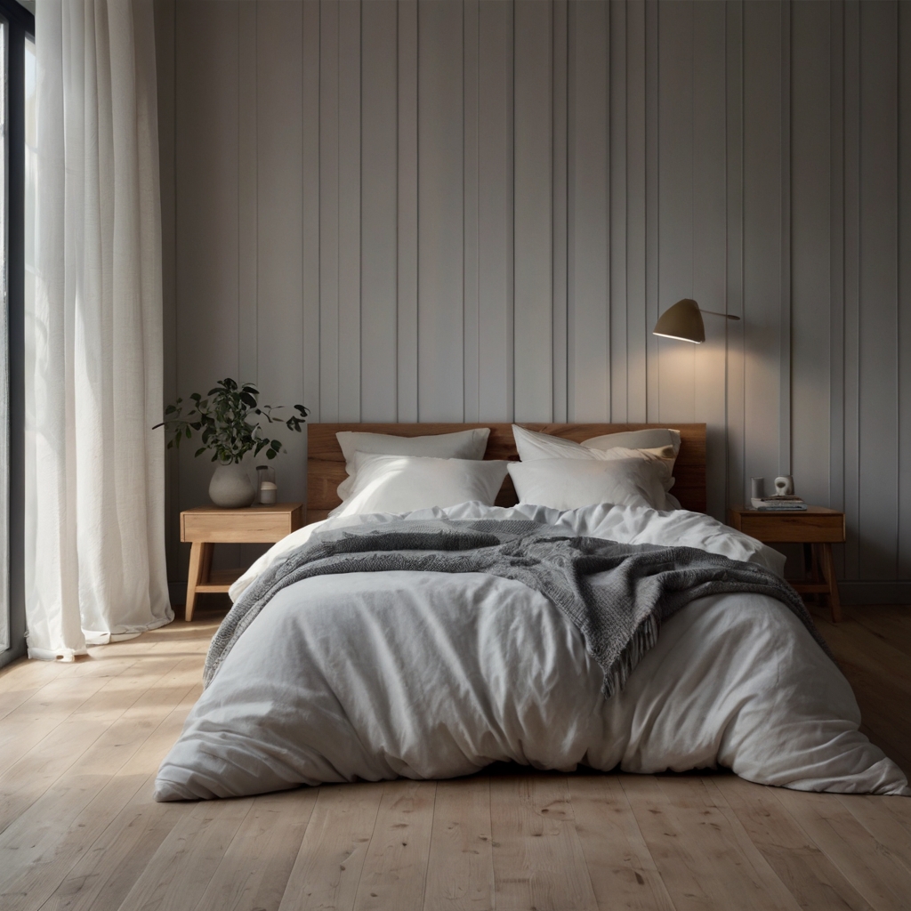 A cozy minimalist bedroom with a soft gray duvet and white paneled walls. Natural light highlights warm wooden flooring, adding depth and warmth.