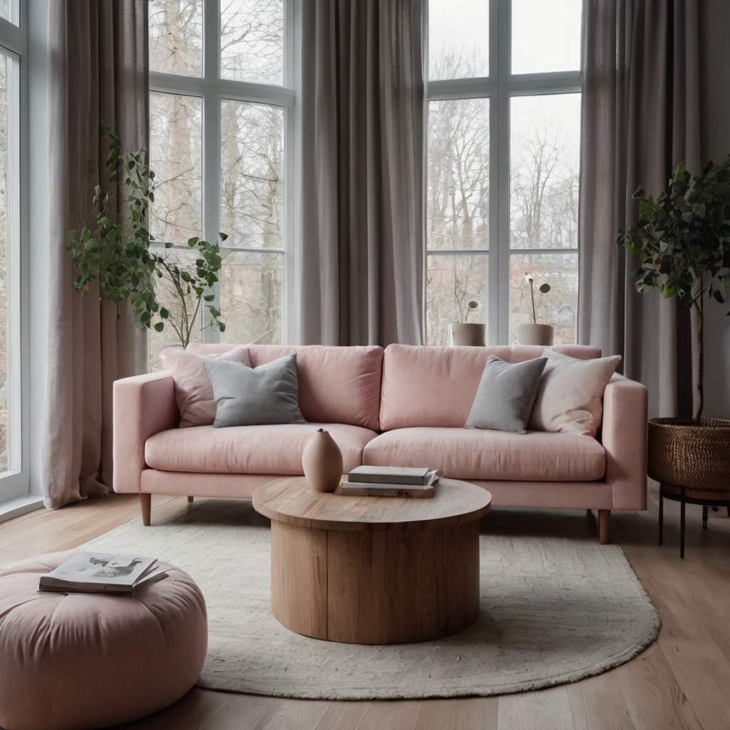 A soft pink couch sits in a bright Scandinavian-style room with wooden textures. Natural light highlights the cozy simplicity.