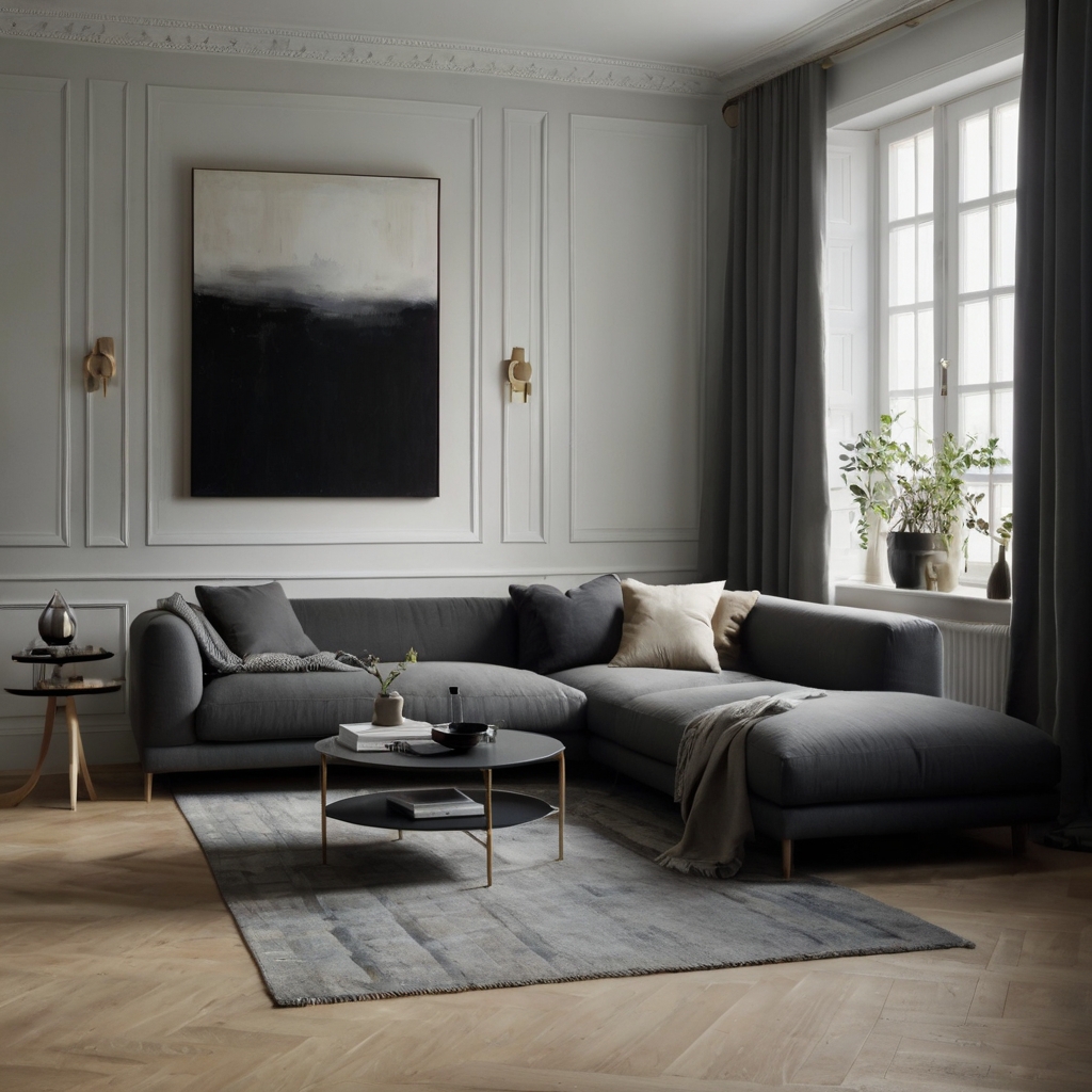 A grey sofa with clean lines and light wood flooring defines minimalism. A geometric rug and soft lighting complete the airy space.