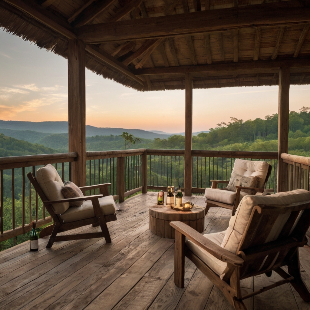 A rustic wooden balcony overlooks rolling hills and breathtaking sunsets. Adirondack chairs and a wine table set the scene for ultimate relaxation.