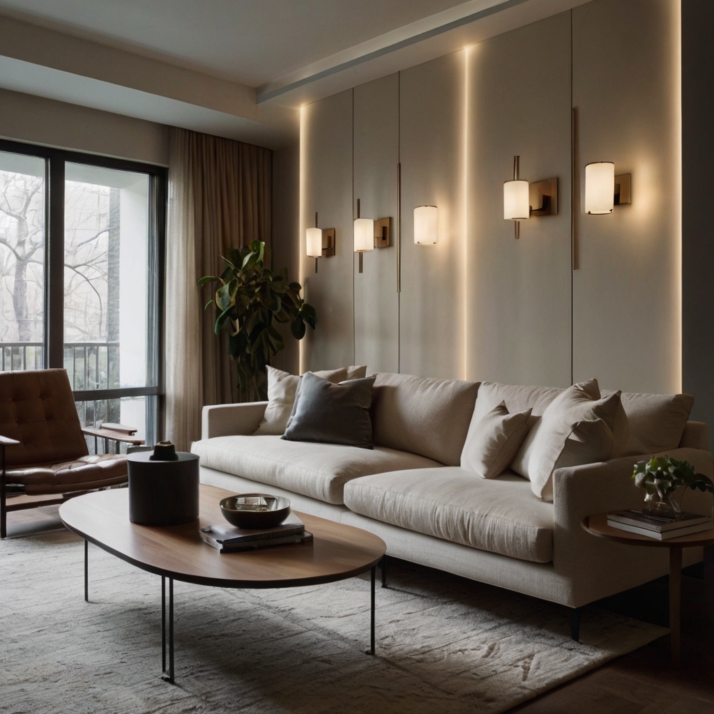 A minimalist living room with sleek wall-mounted sconces. The adjustable lighting adds warmth while keeping side tables clutter-free.