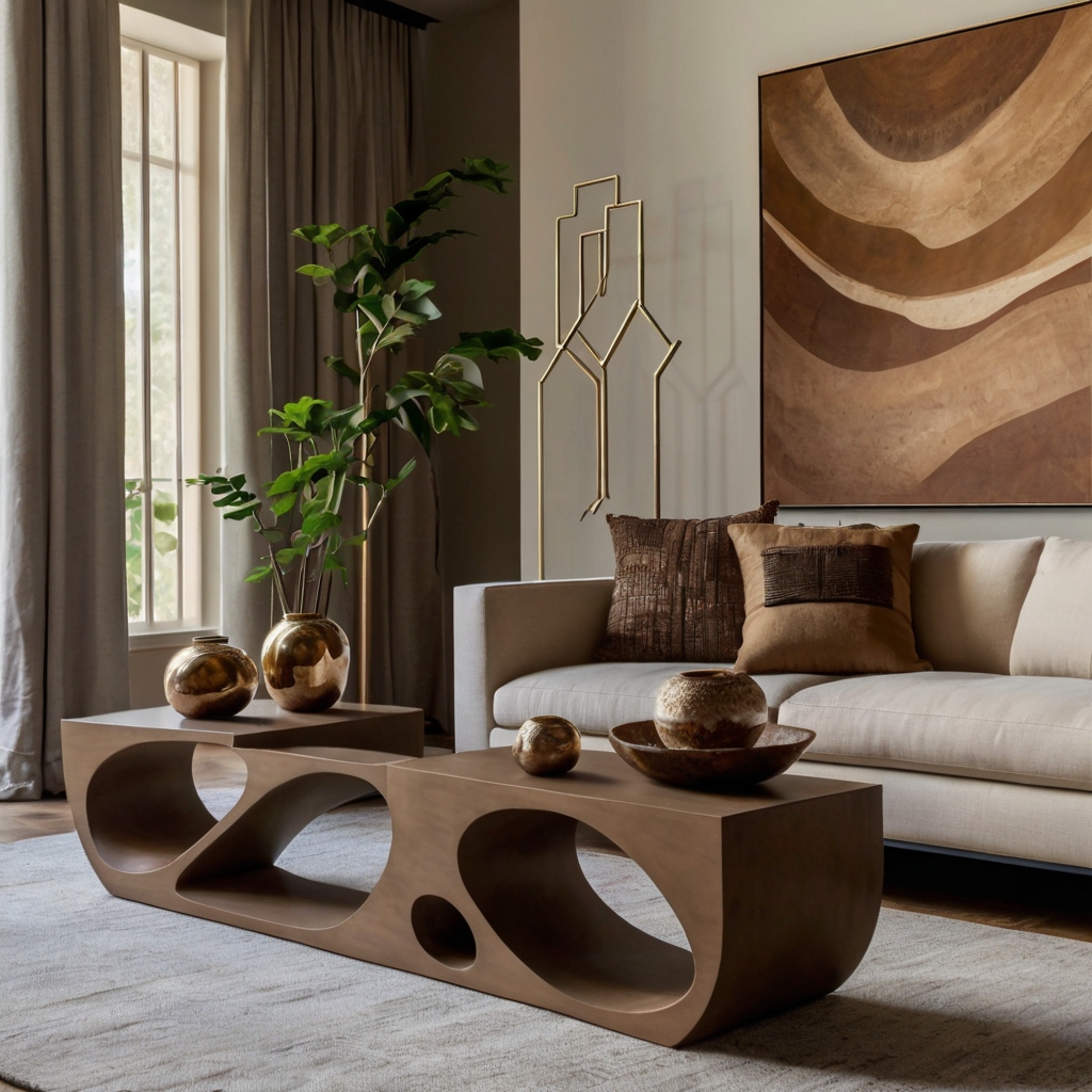 Abstract ceramic and metal sculptures bring artistic sophistication to a modern room. Floating shelves showcase unique decor, highlighted by soft lighting.