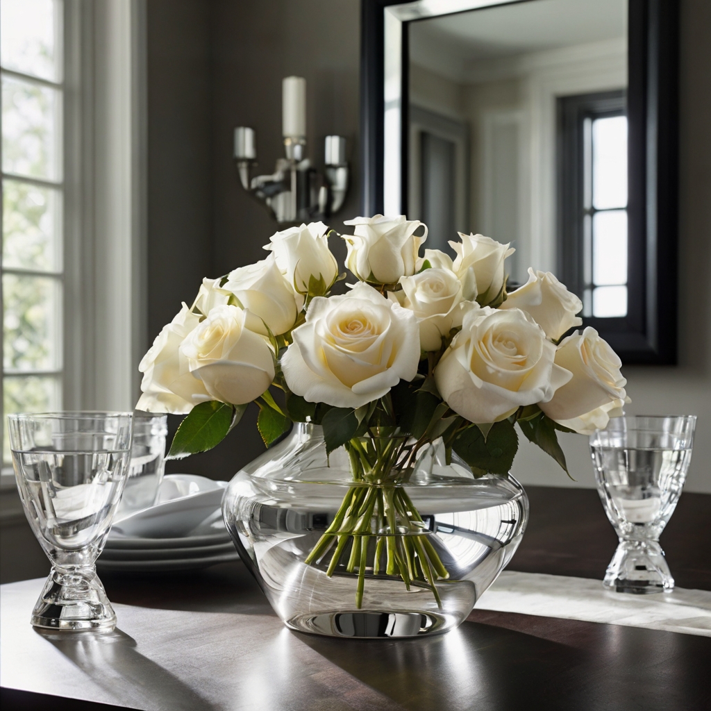 A sculptural glass vase with fresh white roses stands on a table. Its reflective surface enhances the modern, sophisticated ambiance.