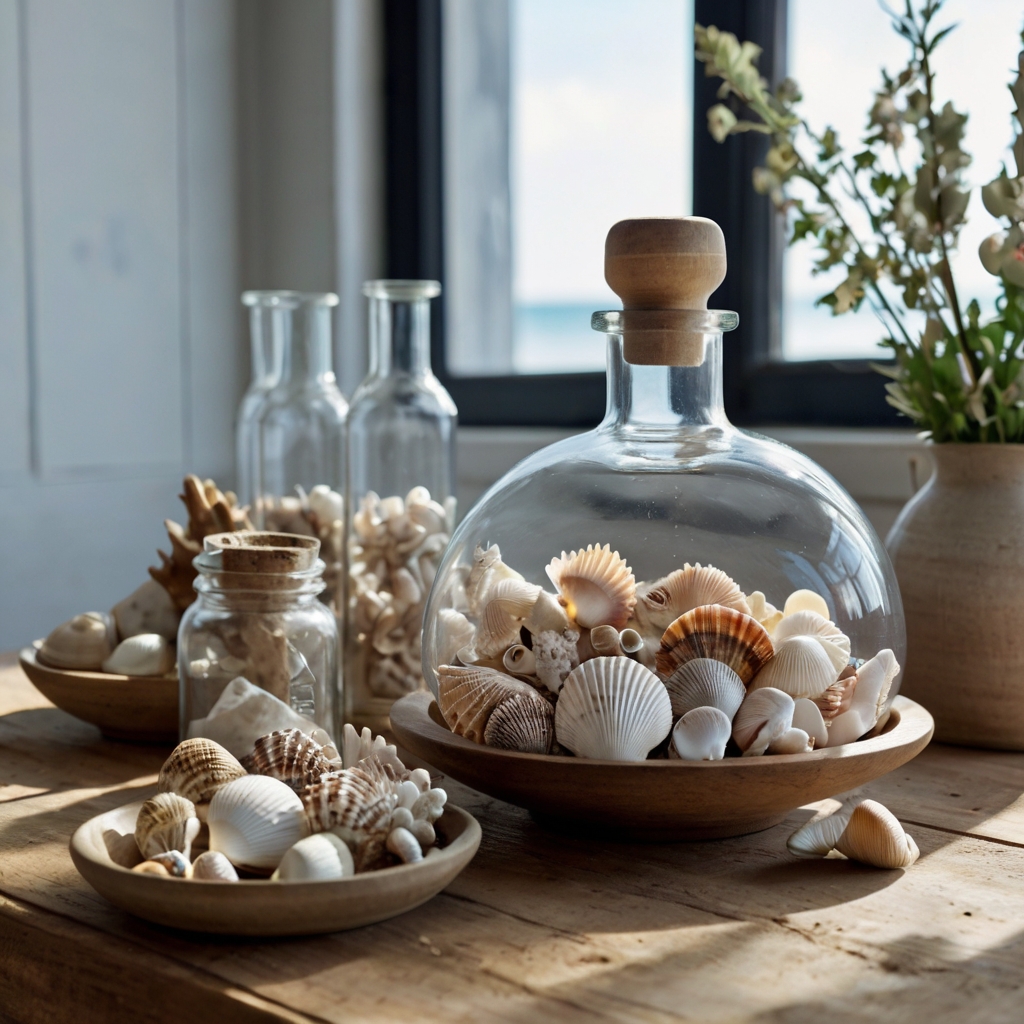 A ceramic dish filled with seashells and driftwood rests on a table. Neutral lighting highlights the serene, coastal-inspired aesthetic.