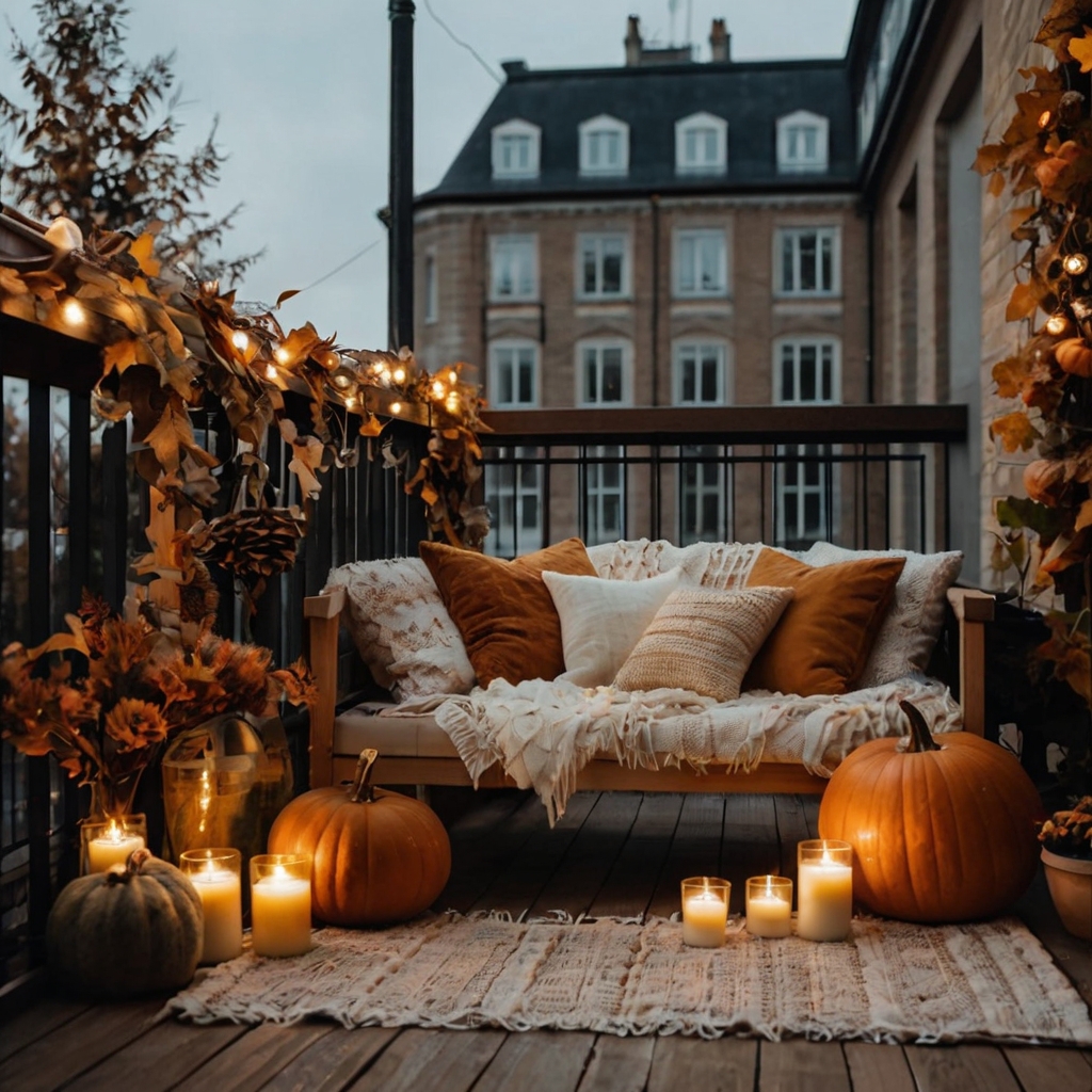 A dynamic balcony that shifts with the seasons—warm autumnal tones, winter twinkling lights, and summer florals. Each setting is perfectly styled for the time of year.