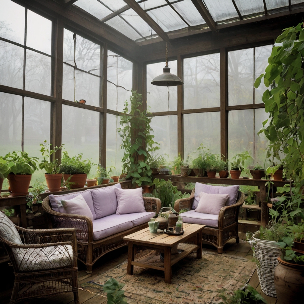 A cozy greenhouse filled with misty light, wicker chairs, and fragrant herbs. Hanging planters sway gently as warm sunlight filters through condensation-streaked glass.