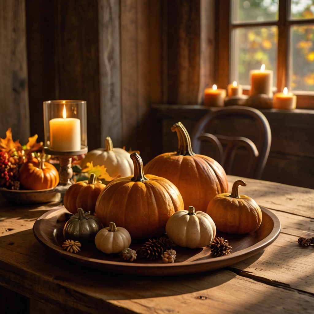 Decorative pumpkins and vintage candles sit on a rustic dining table. Golden sunlight enhances the warm, festive autumn setting.