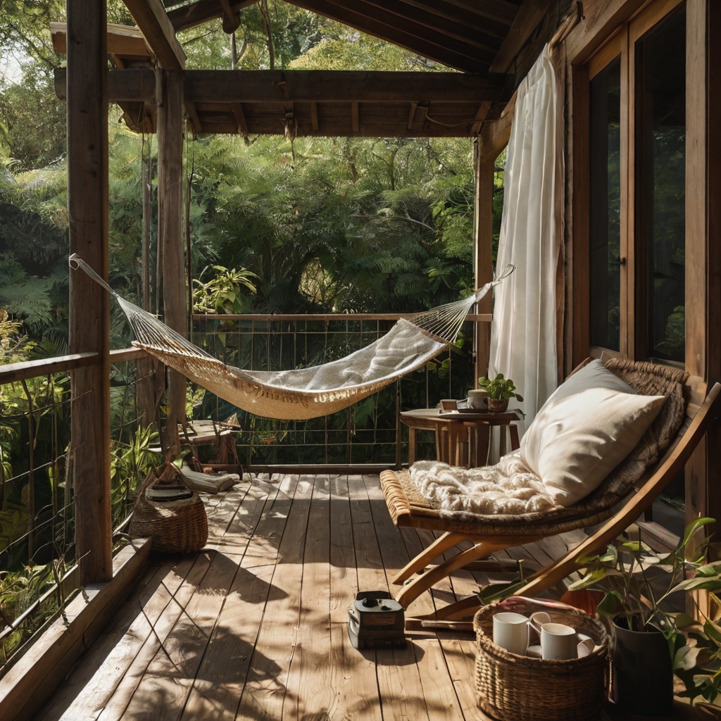 A rope hammock with linen pillows creates a hidden relaxation haven. A wooden stool with a steaming mug of tea adds to the cozy charm.
