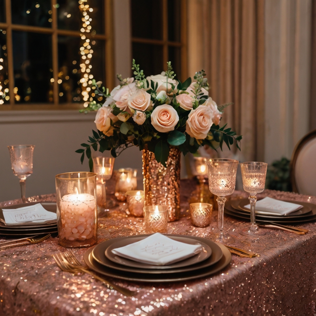 A shimmering rose gold sequin tablecloth reflecting soft candlelight, adding a glamorous touch to the baby shower décor.