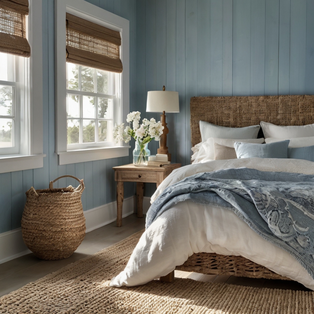 A bright bedroom with ocean-blue walls, linen sheets, and soft natural light. Coastal elements bring a peaceful, airy vibe.
