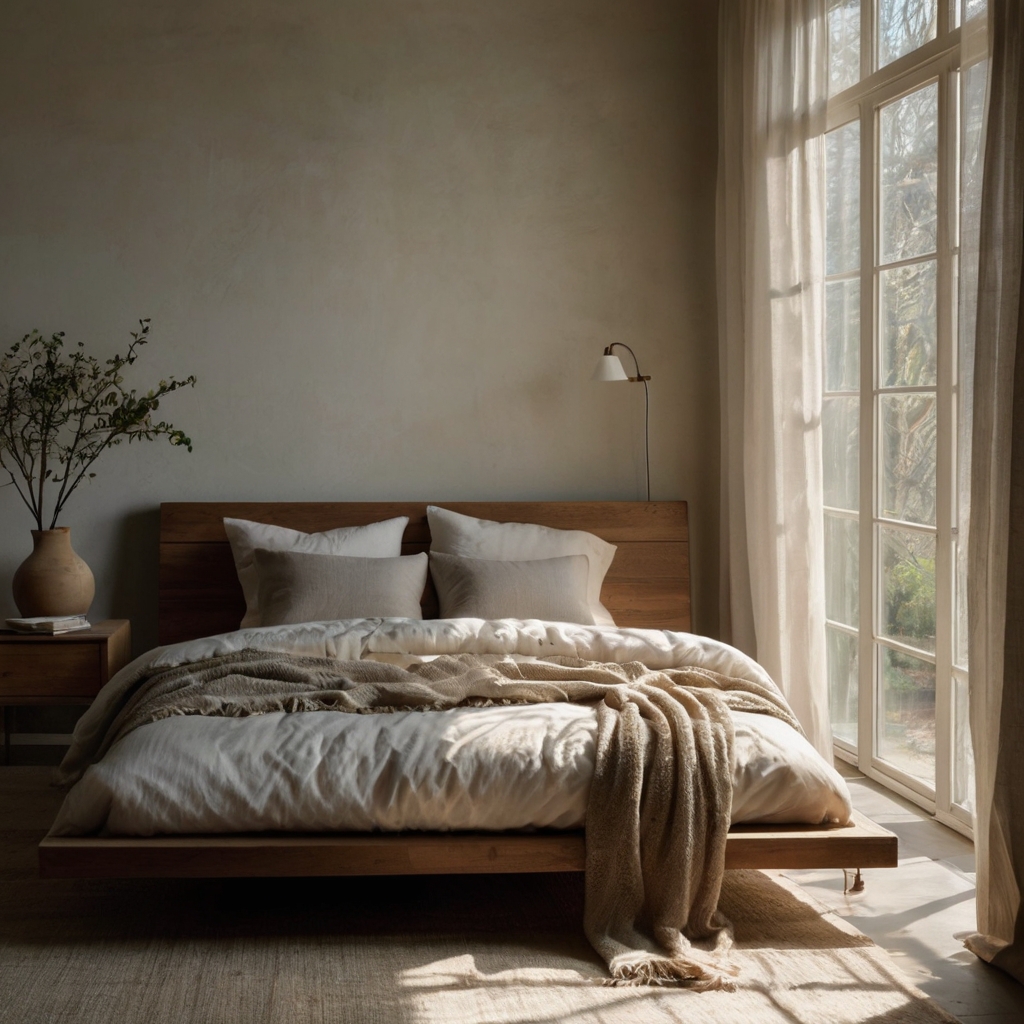 A soft, minimalist bedroom with a wooden bed, white linens, and natural light. A sheer curtain diffuses sunlight, creating a peaceful and airy atmosphere.