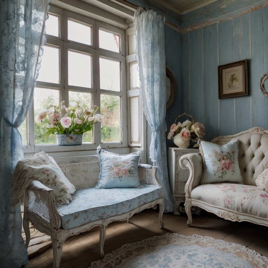 A vintage sitting area with distressed white furniture and pastel blue decor. Lace and antique books add charm.