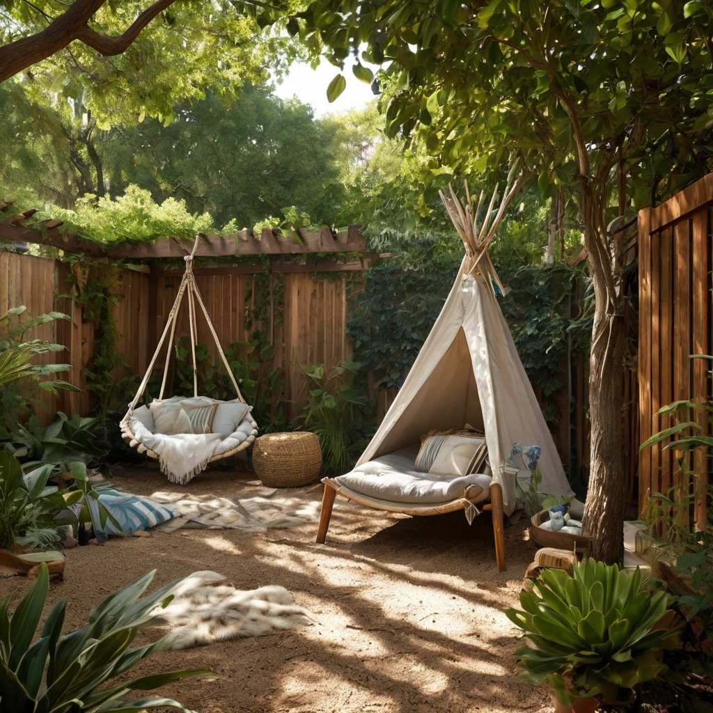 A breezy backyard retreat with hammocks, pergolas, and fabric teepees. Kids stay cool while playing under natural shade.