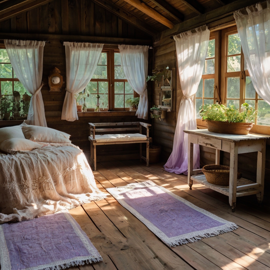 A pastel cottage tucked in a garden, filled with vintage journals, scented candles, and lace-curtained windows.