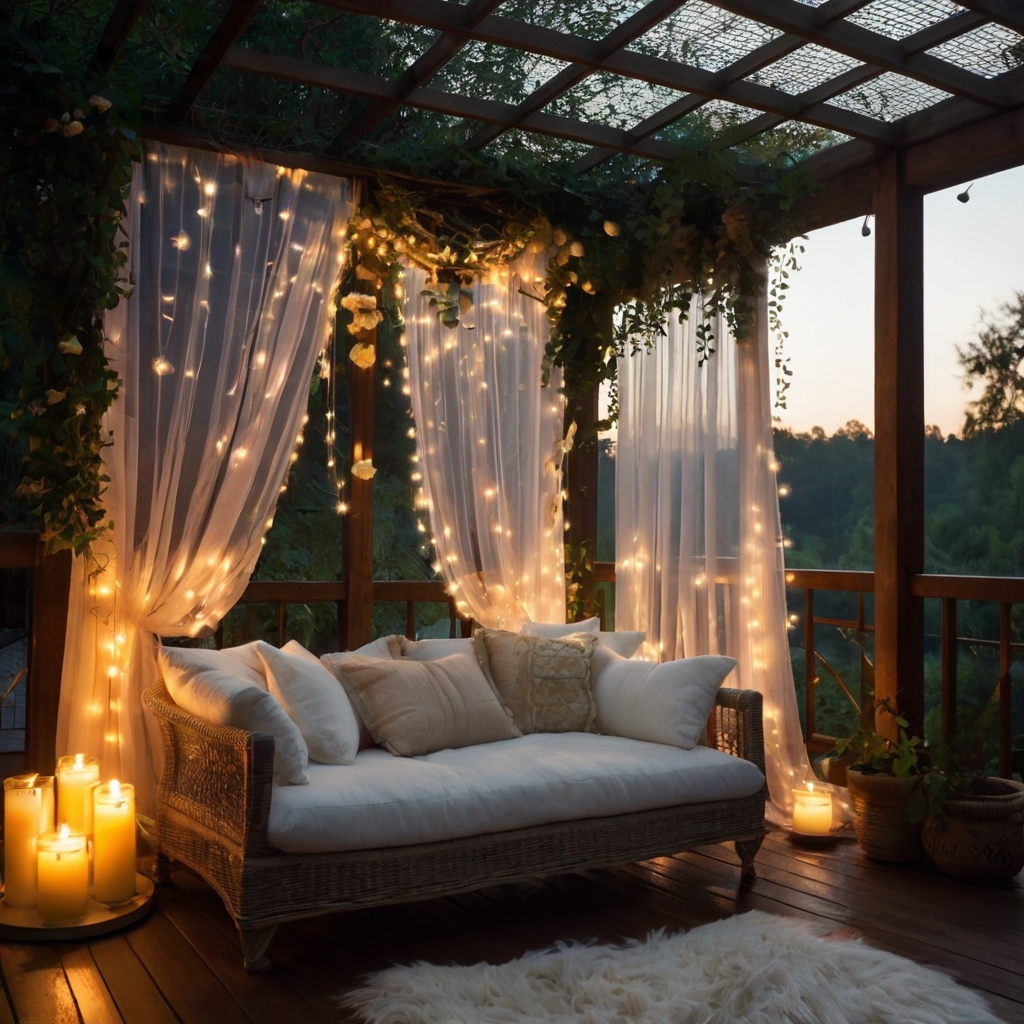 An outdoor retreat with sheer white curtains swaying in the breeze, framing a cozy lounge area. Soft lighting and floral accents enhance the dreamy, romantic ambiance.