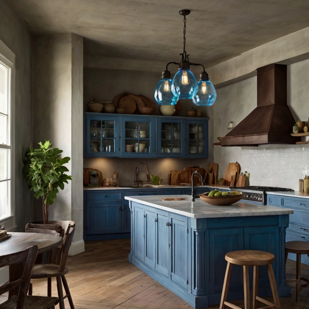 Hang simple blue glass pendant lights to add warmth to your kitchen. Their delicate glow creates a cozy atmosphere, perfect for a rustic space.
