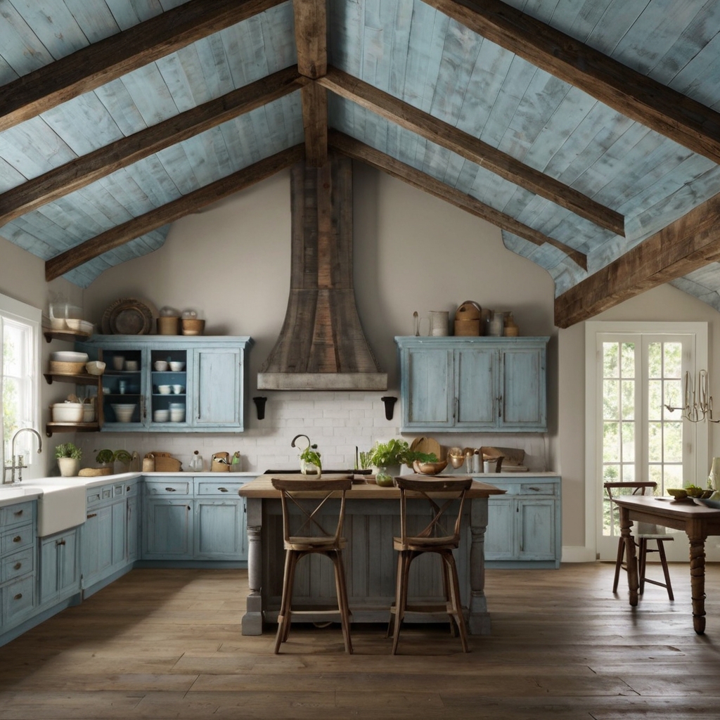 Transform your kitchen with sky blue ceiling beams that add an unexpected airy touch. Natural light enhances the serene, elevated atmosphere.