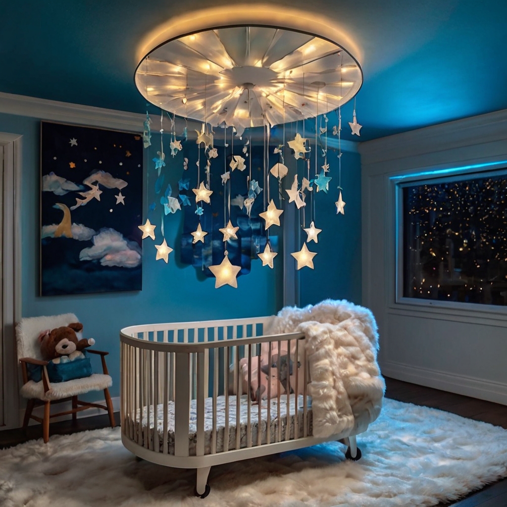 A whimsical kids’ room with sky blue walls and fluffy clouds. Glow-in-the-dark stars add a magical touch.